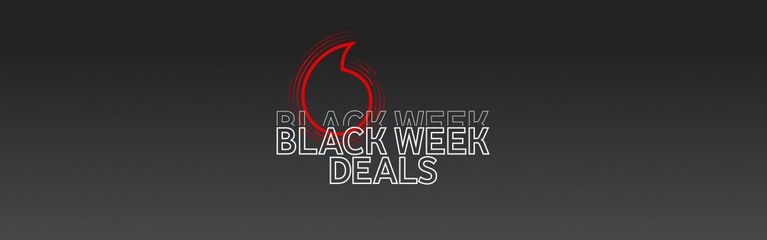 Die Vodafone Speechmark mit dem Schriftzug Black Week Deals