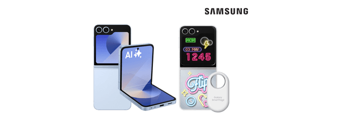 Abbildung des Samsung Galaxy Z Flip6 mit Smart Tag und Hülle