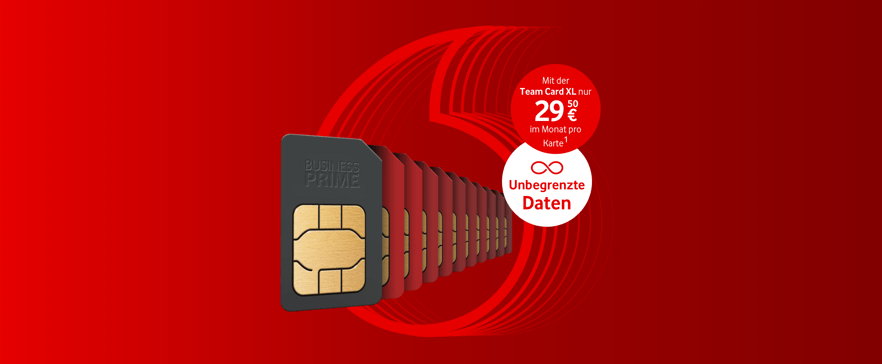 Mehrere Vodafone Business Prime SIM-Karten vor rotem Hintergrund mit grafischen Kreiselementen. Daneben die Botschaften „Unbegrenzte Daten“ und „Mit der Team Card XL nur 29,50 € im Monat pro Karte“.