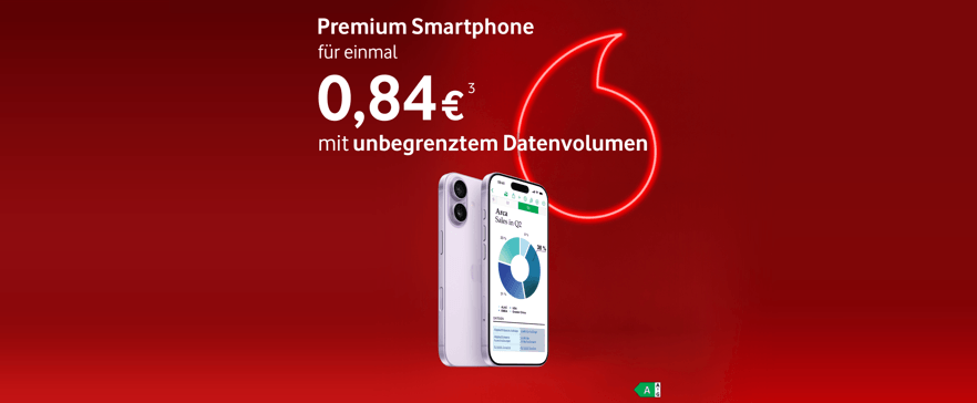 Roter Vodafone‑Werbehintergrund mit Smartphone. Text: ‚Premium Smartphone für einmal 0,84 €³ mit unbegrenztem Datenvolumen‘.