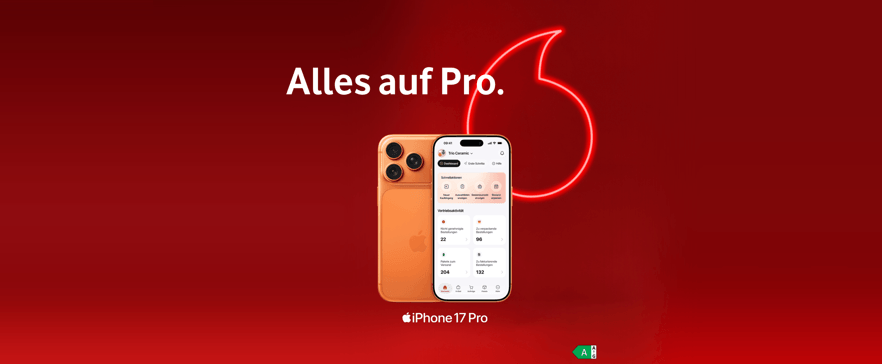 Roter Vodafone‑Werbehintergrund mit Smartphone. Text: ‚Premium Smartphone für einmal 0,84 €³ mit unbegrenztem Datenvolumen‘.