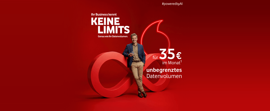 Roter Vodafone‑Werbehintergrund mit liegender Acht als Logo. Eine Person lehnt am Logo. Text: ‚Ihr Business kennt keine Limits. Genau wie Ihr Datenvolumen.‘ Hinweis auf unbegrenztes Datenvolumen für 35 € im Monat.