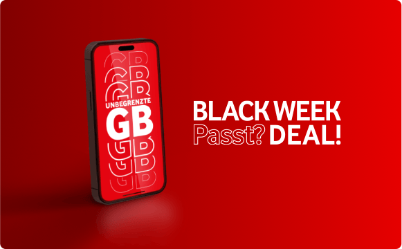 Smartphone mit Text 'Unbegrenzte GB' Text 'Black Week - Passt? Deal!'