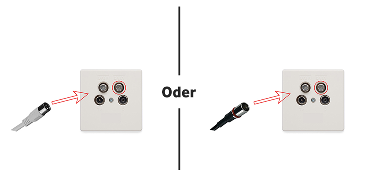 Anleitungsfoto: Anschlusskabel wird auf einen freien Data-Anschluss der Kabel-Dose gesteckt