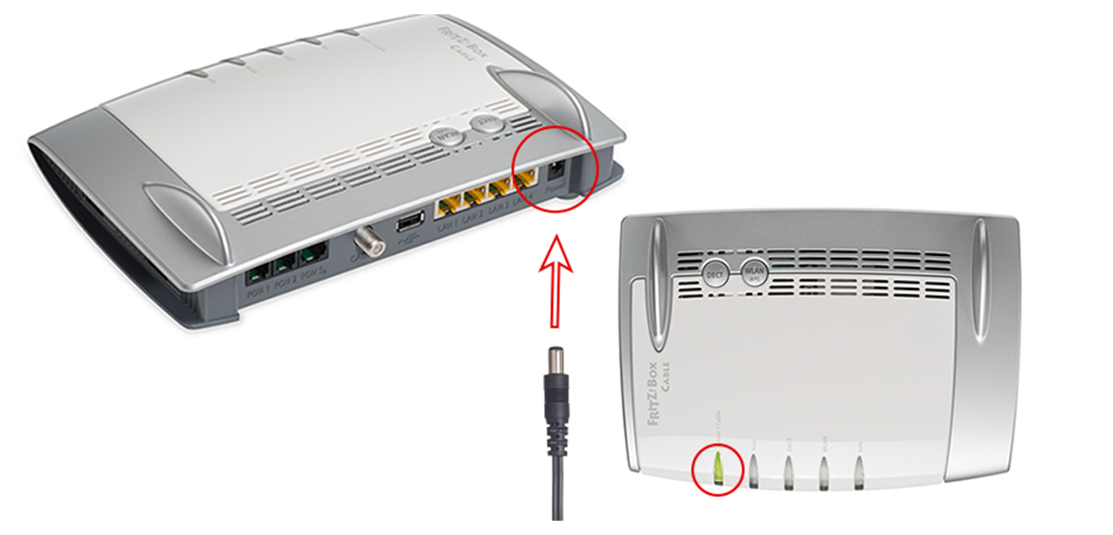 Anleitungsfoto: Netzstecker wird in die HomeBox FRITZ!Box gesteckt