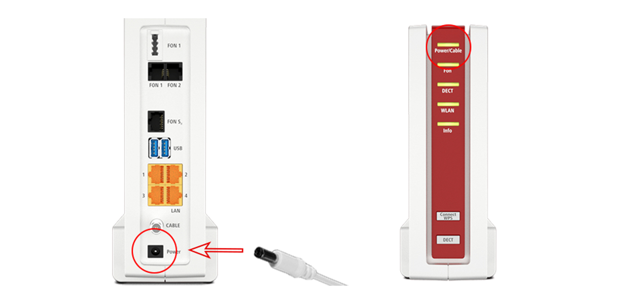 Anleitungsfoto: Netzstecker wird in die HomeBox FRITZ!Box gesteckt