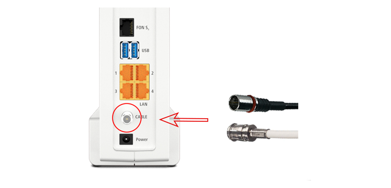 Anleitungsfoto: Wisi-Click-Kabel wird mit dem Gewindeanschluss der HomeBox FRITZ!Box verbunden