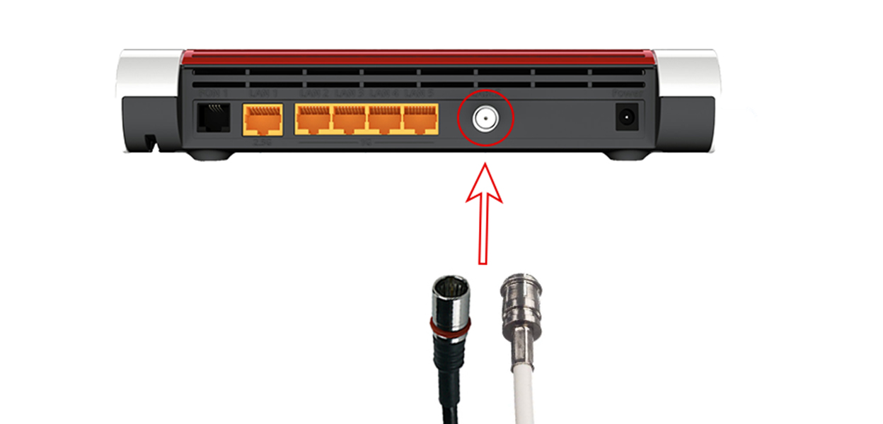 Anleitungsfoto: Wisi-Click-Kabel wird mit dem Gewindeanschluss der HomeBox FRITZ!Box verbunden