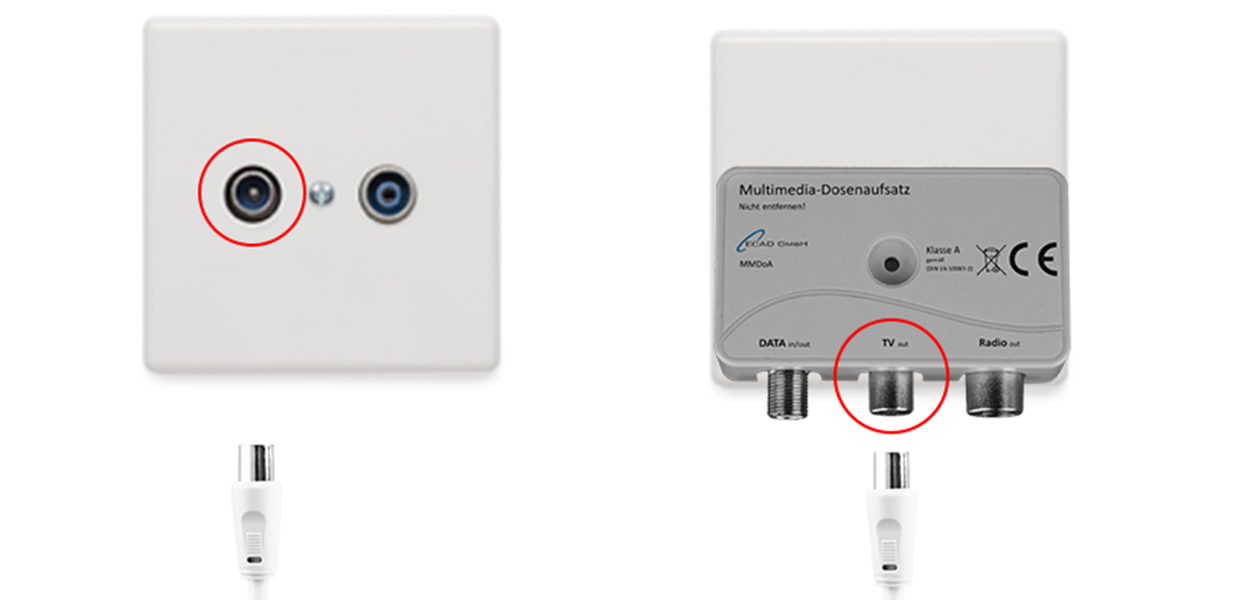 Anleitungsfoto: Antennenkabel wird in den TV-Anschluss der Kabel-Dose gesteckt.