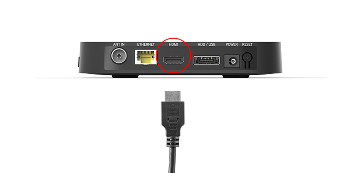 Anleitungsfoto: Ende des HDMI-Kabels wird in den HDMI-Eingang der GigaTV Cable Box 2 gesteckt.