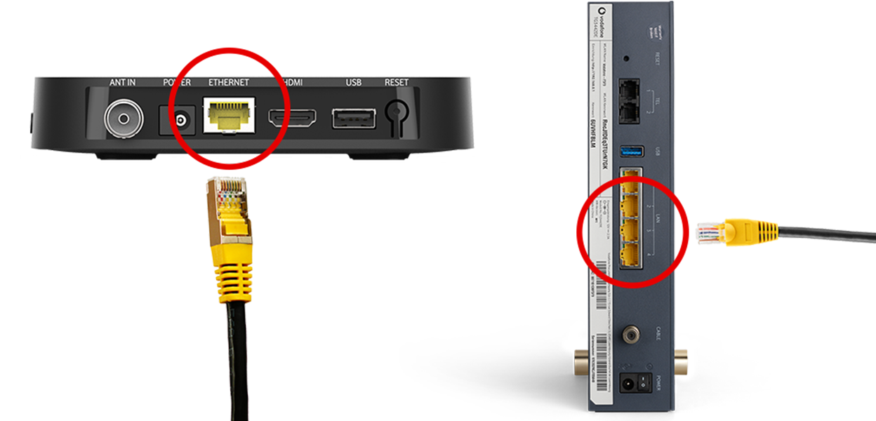 Anleitungsfoto: LAN-Kabel wird in GigaTV Home und Router gesteckt