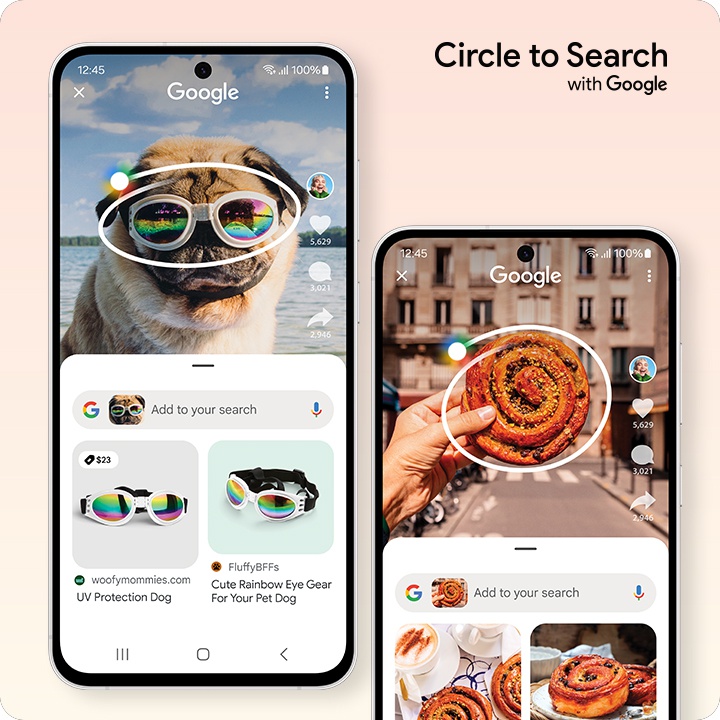 
             
                  
                  
                  
                  
                  
                  
                  
                  
                  
                  
                  
                  
                  
                  
                  
                  
                  
                  
                  
                 
                 
                 
              
           Circle to Search mit Google-Logo. Auf dem Display des Galaxy S24 FE ist eine Bulldogge mit Sonnenbrille zu sehen, um die eine Kreisgeste fr eine Google-Suche gezeichnet wird. Unter dem Foto werden die Suchergebnisse fr dieselbe Sonnenbrille angezeigt. Darunter ist eine Google-Suchleiste zu sehen. Ein Galaxy S24 FE- Display zeigt ein Gebck, das hochgehalten wird, wobei eine Kreisgeste fr eine Google-Suche um das Gebck gezogen wird. Unter dem Foto werden die Suchergebnisse fr das gleiche Gebck angezeigt. Darunter ist eine Google-Suchleiste zu sehen.