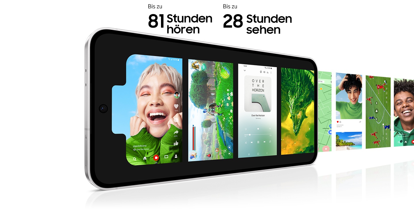 Ein leicht gedrehtes Galaxy S24 FE ist von vorne zu sehen. Das Display zeigt verschiedene Arten von mobiler Unterhaltung, die in einer akkufrmigen Collage angeordnet sind. Die Collage erstreckt sich ber das Display und hebt die lange Akkulaufzeit hervor. Der Text besagt 