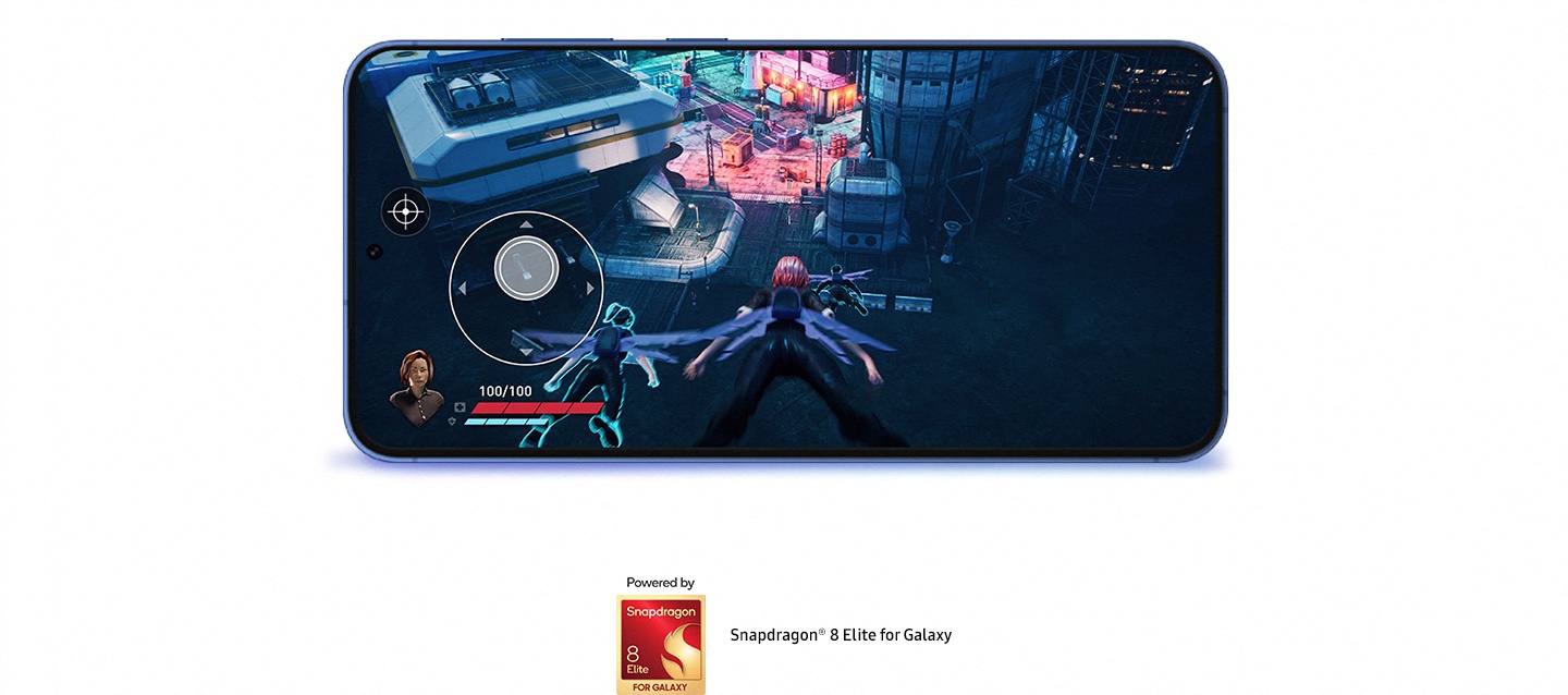 Der Snapdragon 8 Elite for Galaxy AP schwebt ber der Platine, bevor er auf ihr aufsetzt. Verschiedene Lichtstrahlen gehen vom AP aus, bevor er sich in ein Galaxy S25 Plus verwandelt. Das Smartphone ist horizontal von der Seite zu sehen. Es dreht sich und zeigt eine Szene aus dem Spiel Wuthering Waves auf dem Display.