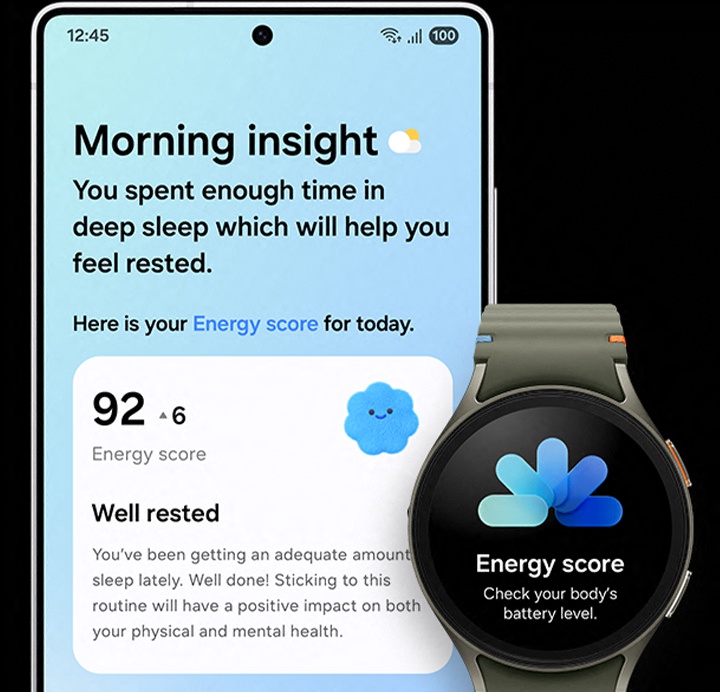 Auf dem Display eines Galaxy S25 Ultra ist Now Brief zu sehen. Das Morgen-Update zeigt den aktuellen Energy Score, der mit der Galaxy Watch synchronisiert ist.