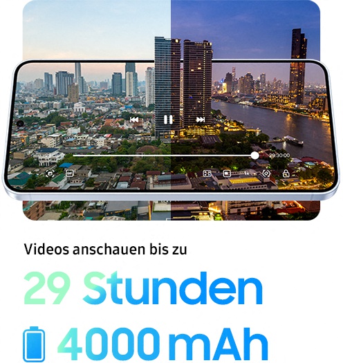 Ein Zeitraffer einer Stadtlandschaft reicht dank der langen Akkulaufzeit des Galaxy S25 Plus bis zu 29 Stunden und 30 Minuten lang vom Tag bis zur Nacht.